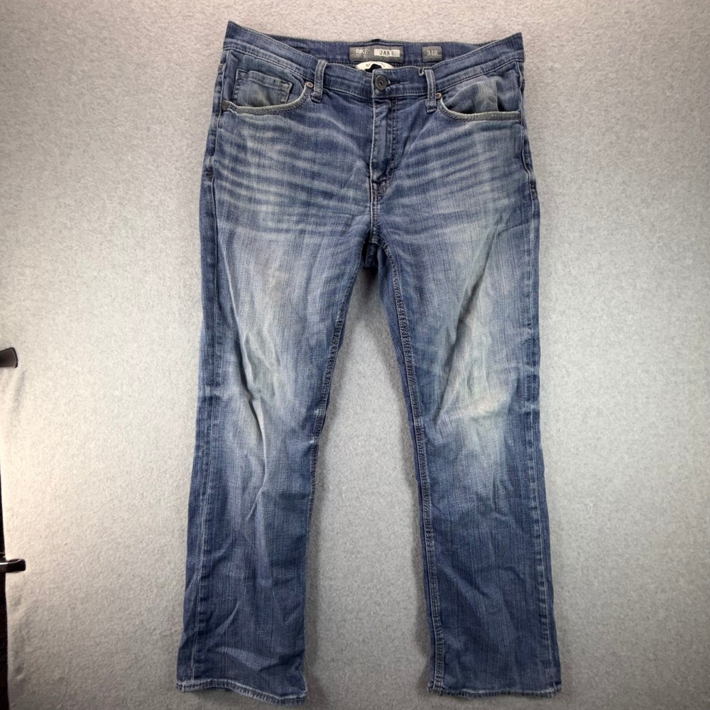 BKE Jake Bootleg Jeans Mens 34R Medium Wash Distressed Stretch Denim Blue
